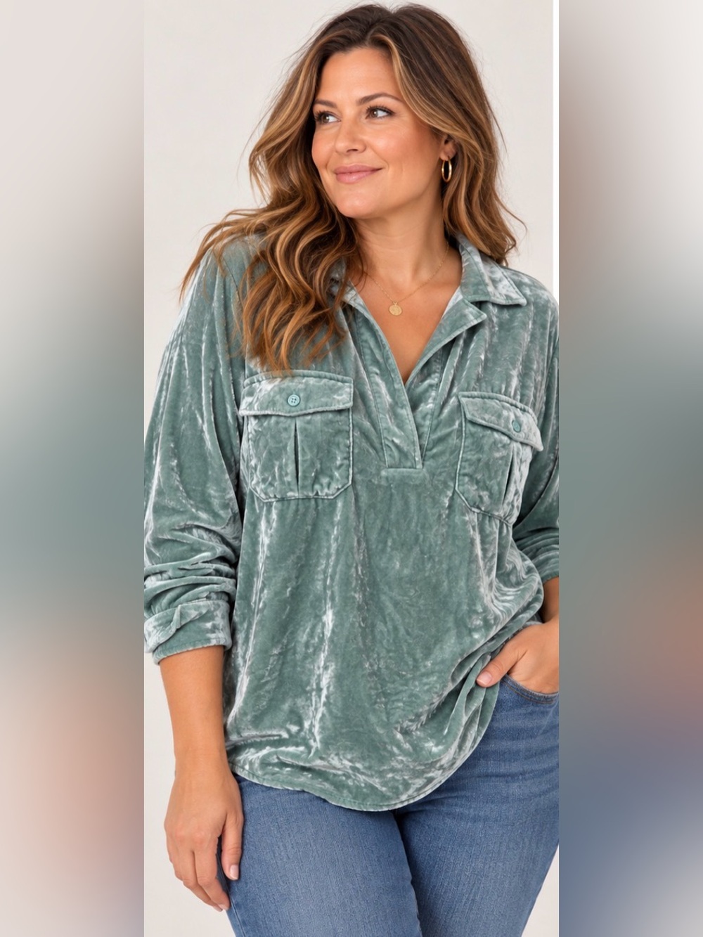 J. Crew Crushed Velvet Popover Shirt Green XL